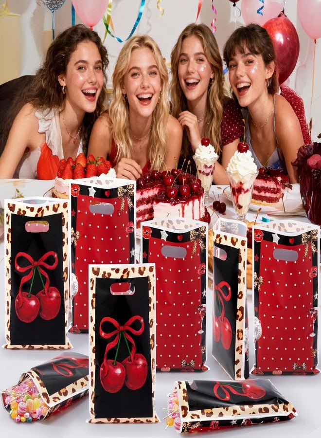 Haooryx Cheetah Cherry Party Favor Bags - 50Pcs Red Cherry Bow Leopard Print Plastic Goodie Candy Treat Bag with Handle Gift Wrap Decoration for Girls Birthday Baby Shower Wedding Party Favor Supplies - Image 5